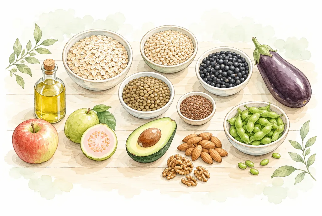Avena, leguminosas, nueces, soya, aguacate, linaza, manzana y guayaba