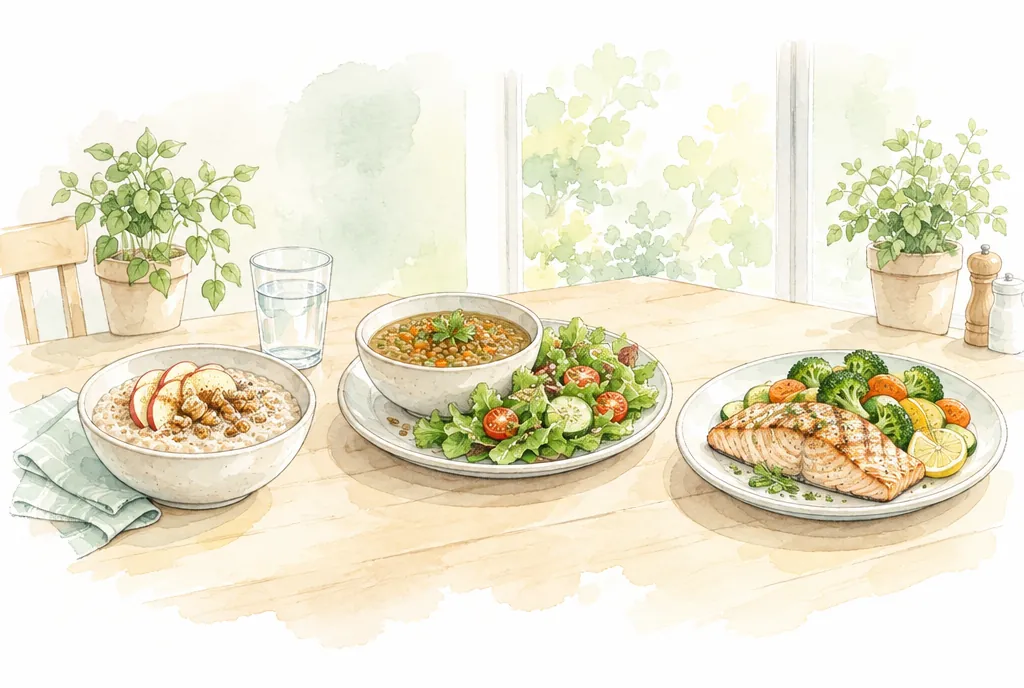 Avena con manzana, sopa de lentejas y pescado con verduras