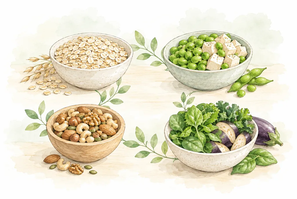 Cuatro grupos de alimentos: avena, soya, nueces y verduras