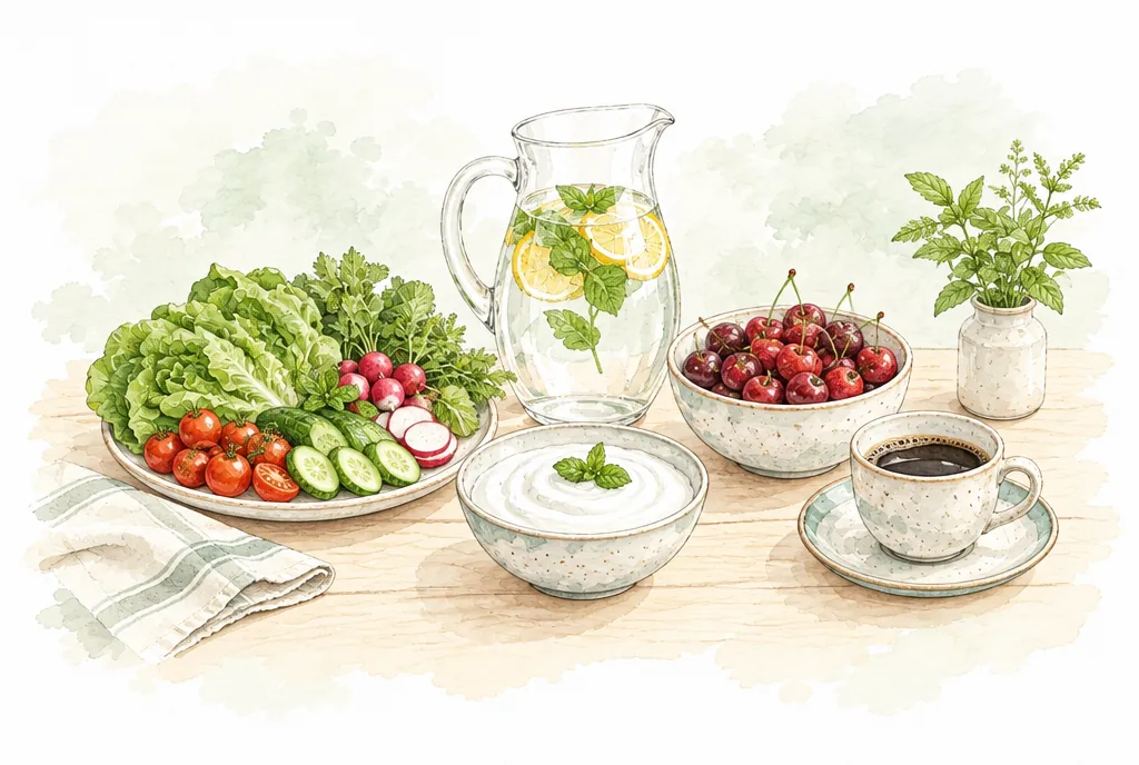 Jarra de agua, yogur bajo en grasa, cerezas, verduras y café