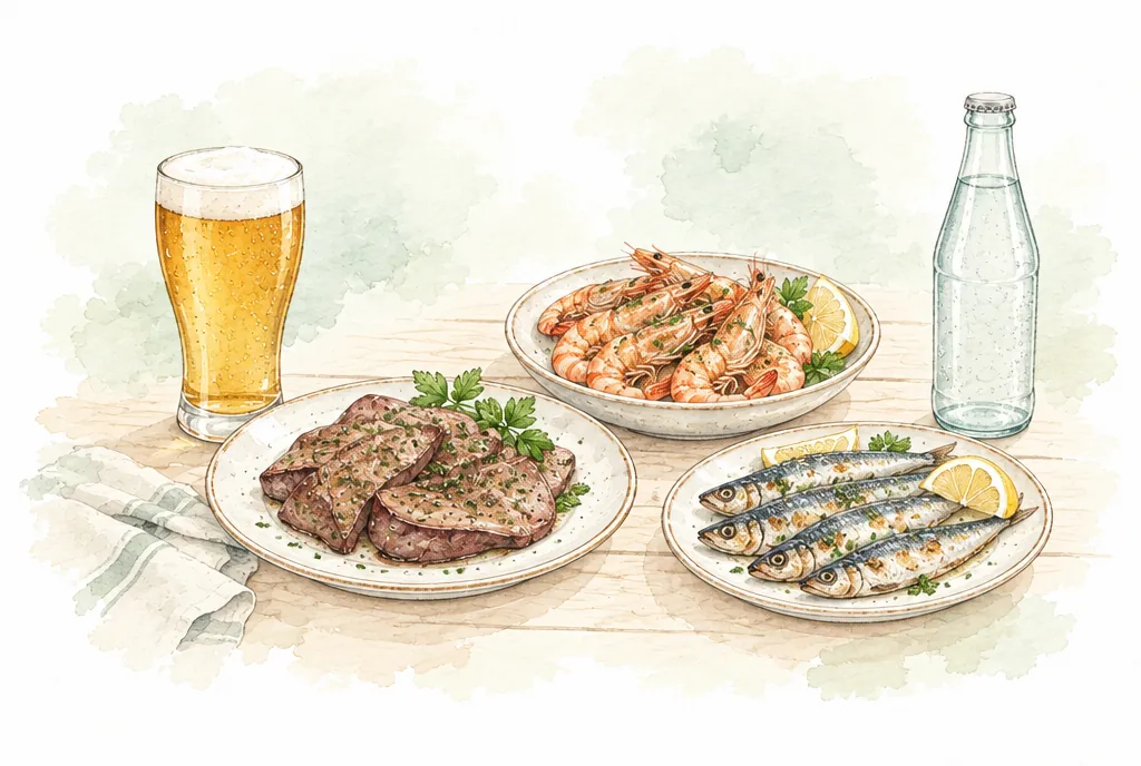 Cerveza, vísceras, mariscos, sardinas y refresco