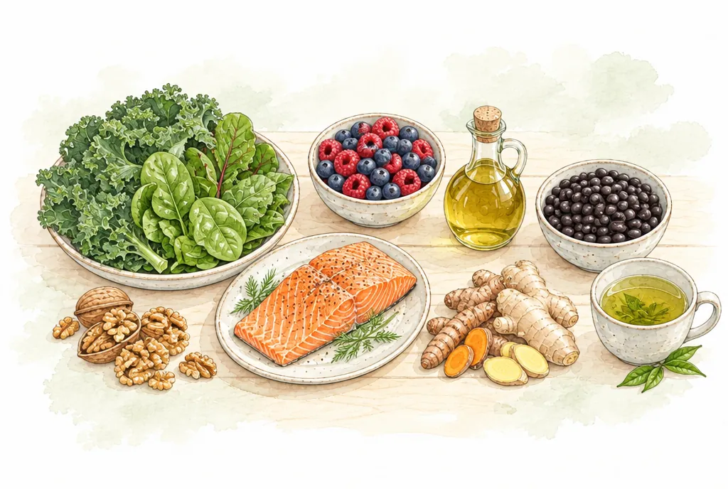 Verduras de hoja, frutos rojos, salmón, aceite de oliva, nueces y cúrcuma