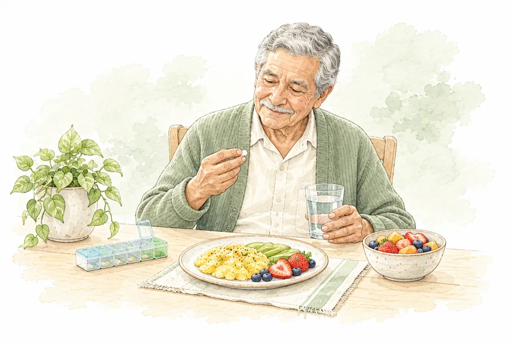 Adulto mayor con su pastillero y desayuno