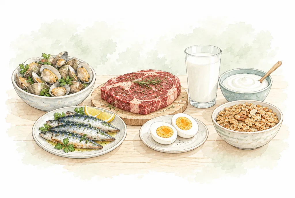 Almejas, sardinas, carne, huevo, leche, yogur y cereal fortificado