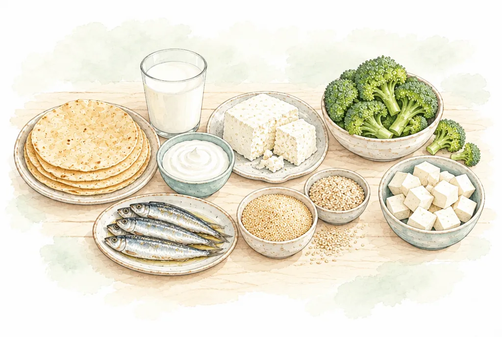 Tortillas, leche, yogur, queso, sardinas, amaranto, ajonjolí, tofu y brócoli