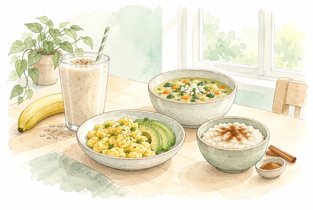 Licuado de plátano y avena, huevo con aguacate, sopa crema y arroz con leche