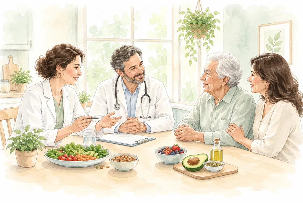 Nutrióloga y médico conversando con un paciente y su hija