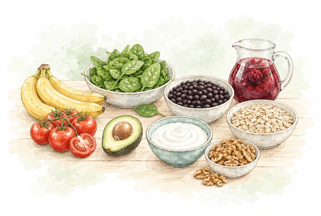 Plátano, jitomate, espinaca, frijol, aguacate, avena y agua de jamaica