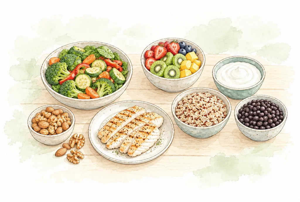 Tazones con verduras, frutas, yogur, integrales, leguminosas y nueces