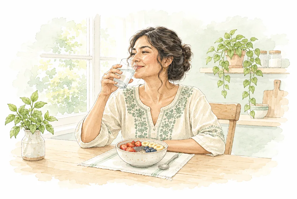 Mujer tomando agua junto a un tazón de avena con chía