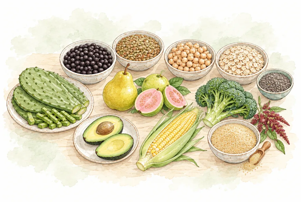 Frijol, lenteja, garbanzo, avena, chía, nopal, pera, guayaba y aguacate