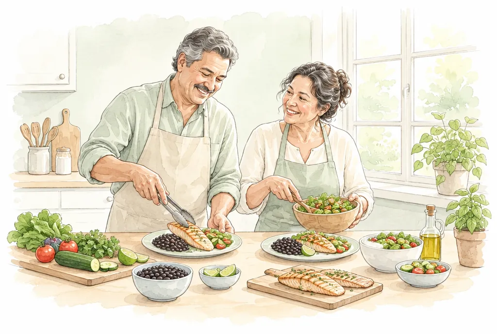 Pareja preparando un plato con verduras, frijol y pescado