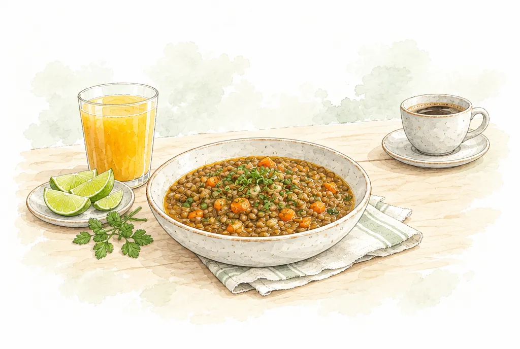 Plato de lentejas con jugo de naranja y limón, café aparte
