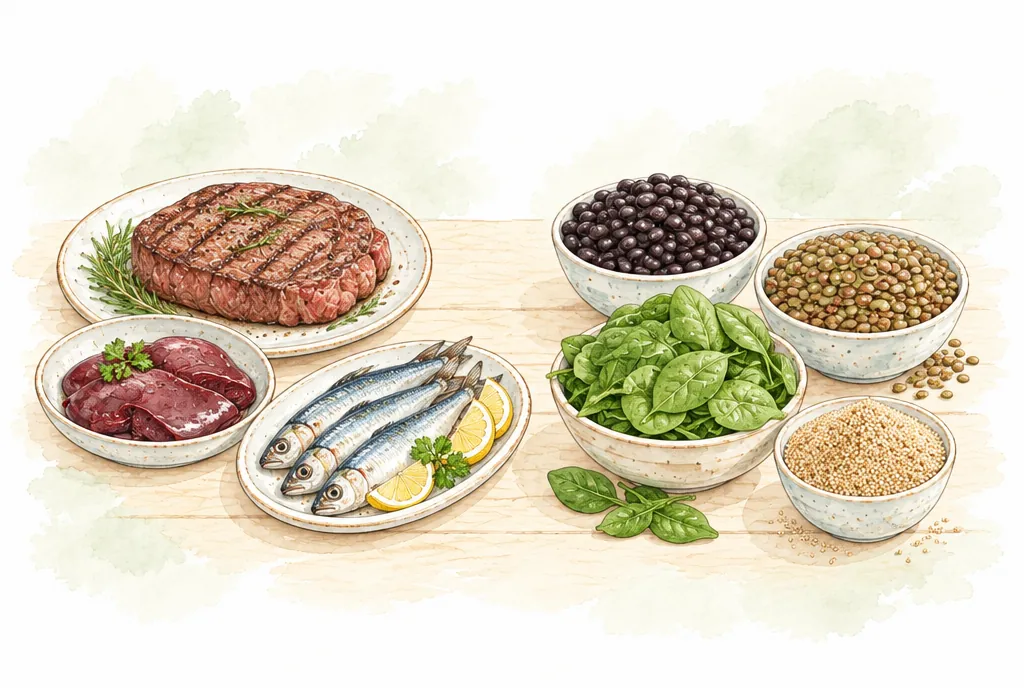 Carne, hígado y sardina frente a frijol, lenteja, espinaca y amaranto