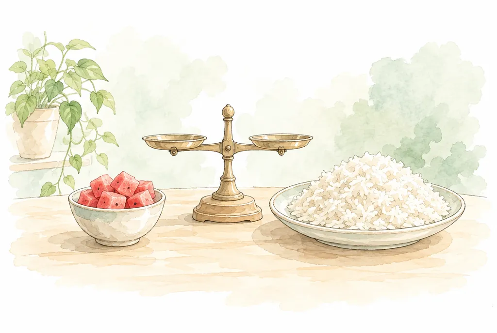 Porción pequeña de sandía frente a un plato grande de arroz blanco