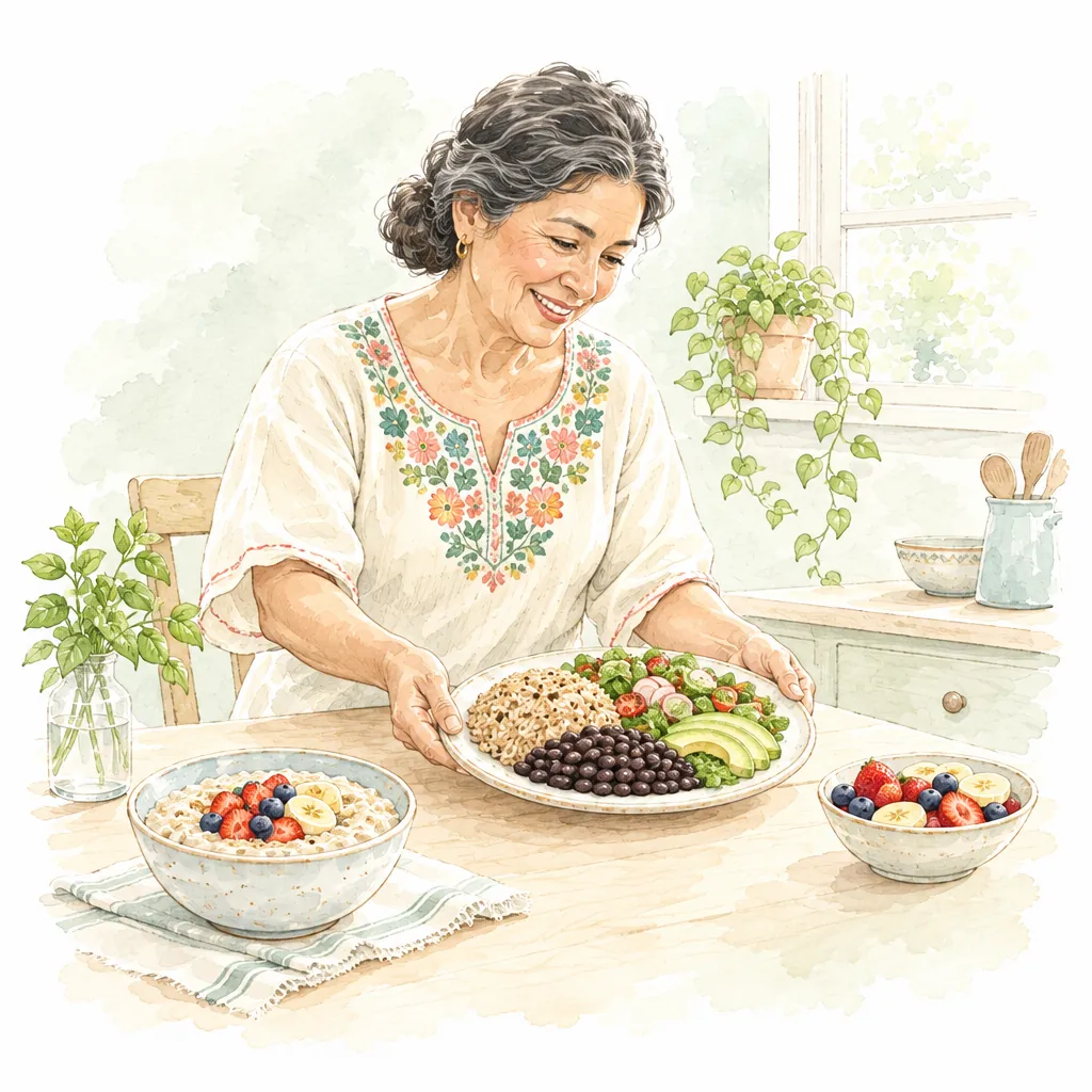 Índice glucémico: tortilla, frijoles, avena y fruta en una mesa mexicana - Clínica Denki