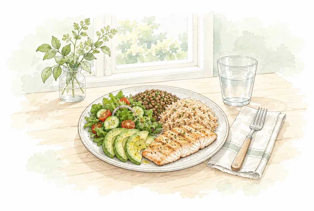 Plato con lentejas, arroz integral, ensalada, aguacate y pescado