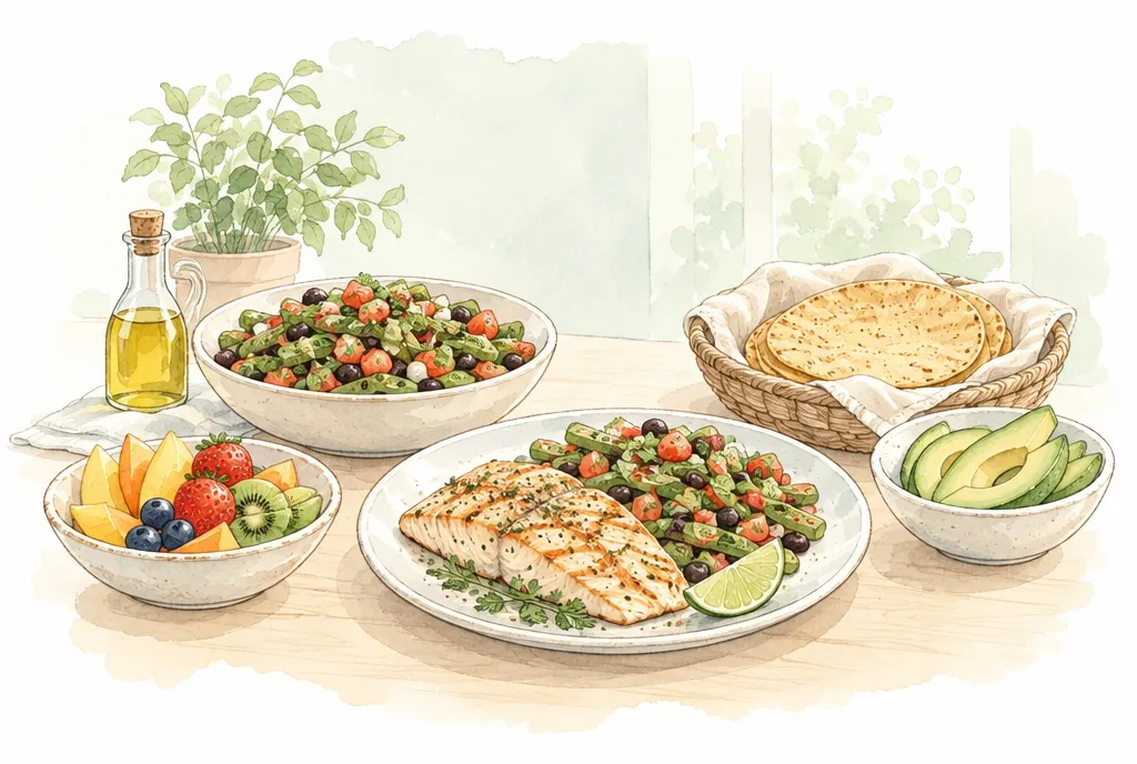 Mesa con ensalada de nopal, frijol, pescado, tortillas y aguacate