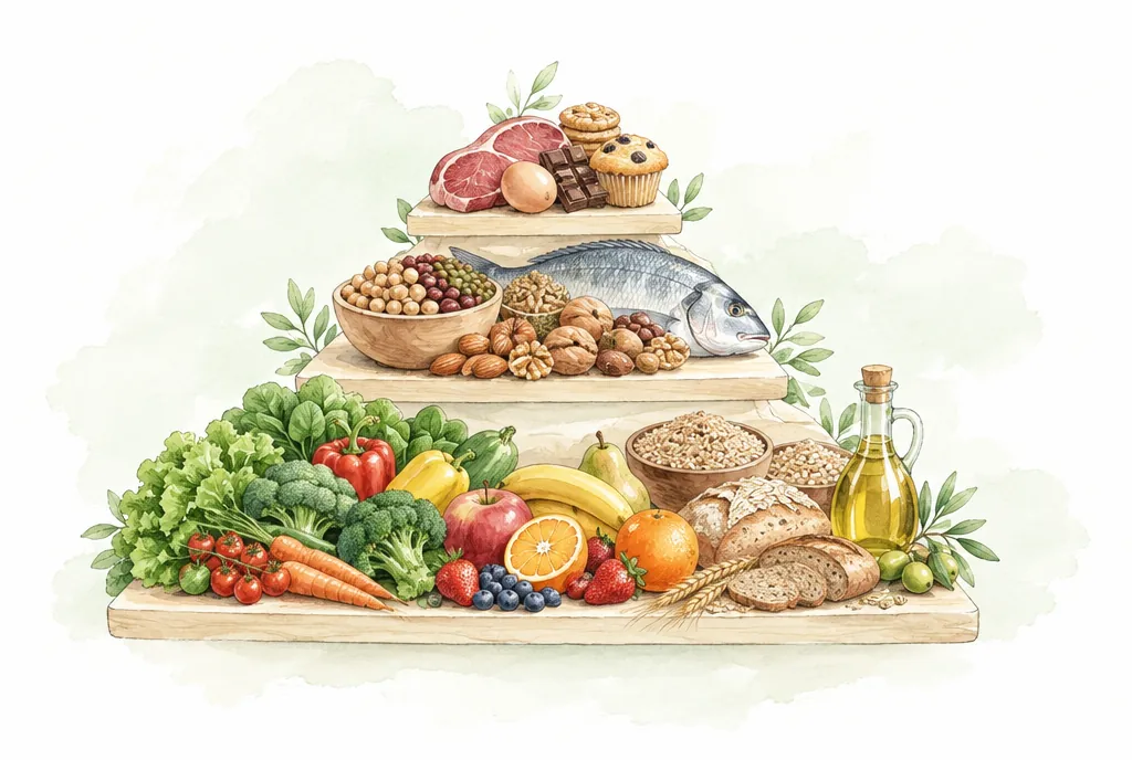 Pirámide de alimentos mediterráneos formada con alimentos reales