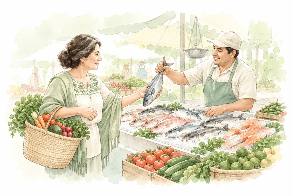 Mujer con canasta de verduras frente al puesto de pescado del mercado