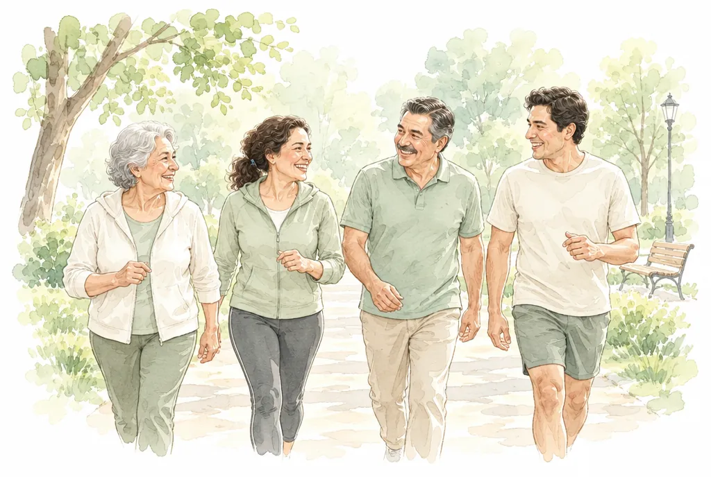 Grupo de adultos caminando en un parque por la mañana