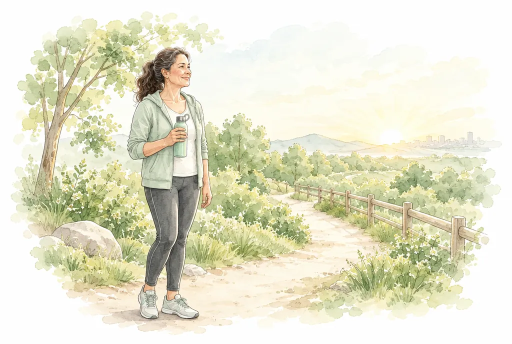 Mujer con tenis al inicio de un sendero en el parque al amanecer