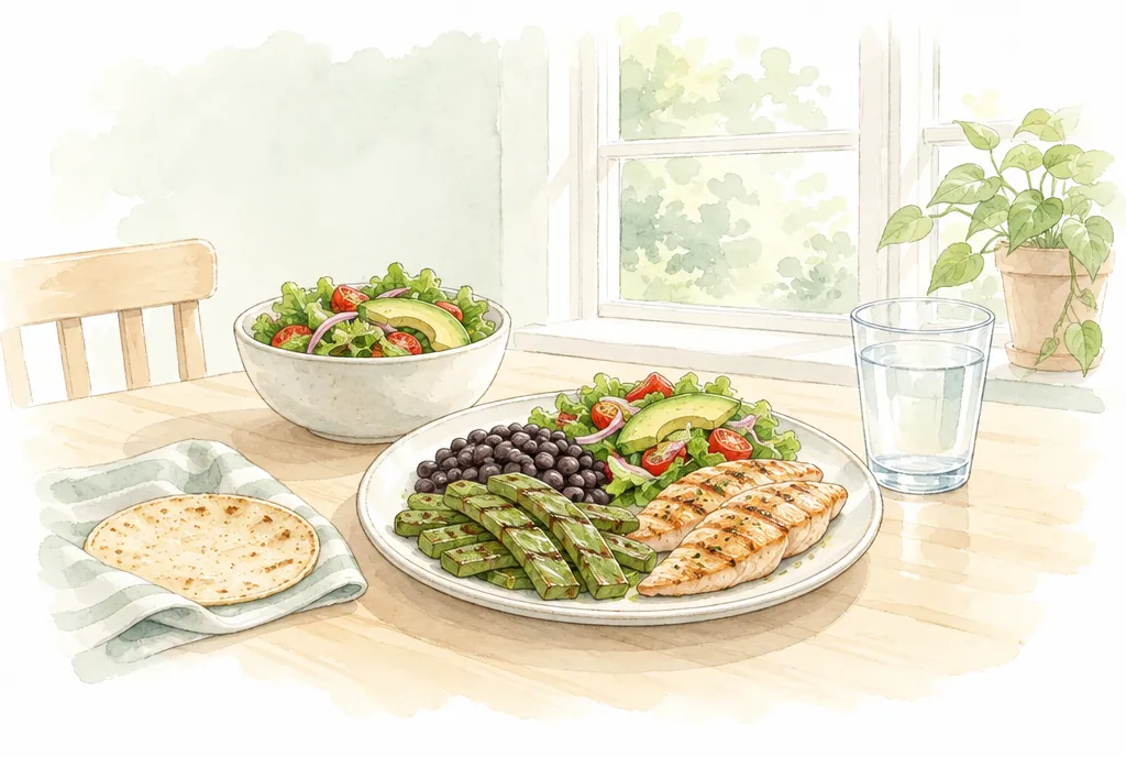 Plato con nopales, frijol, pollo, tortilla y ensalada