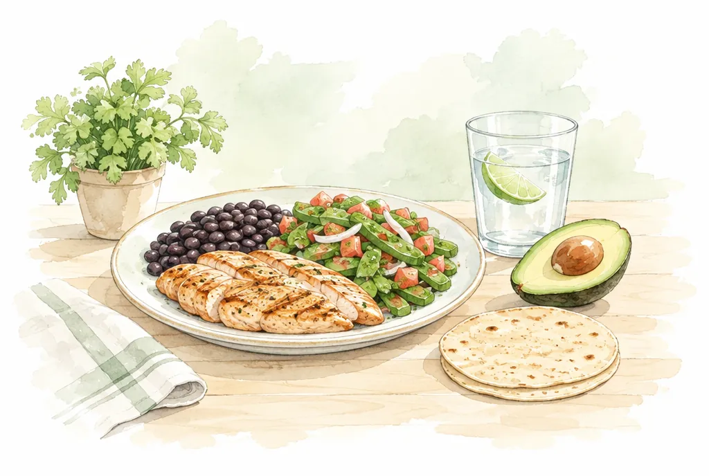 Plato con pollo, frijol, ensalada de nopal, aguacate y tortillas