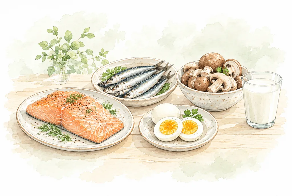 Salmón, sardinas, huevo, hongos y leche fortificada
