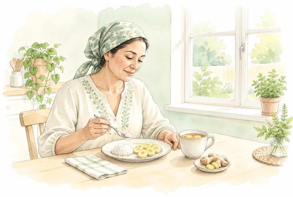 Mujer con pañoleta comiendo porciones pequeñas con té de jengibre