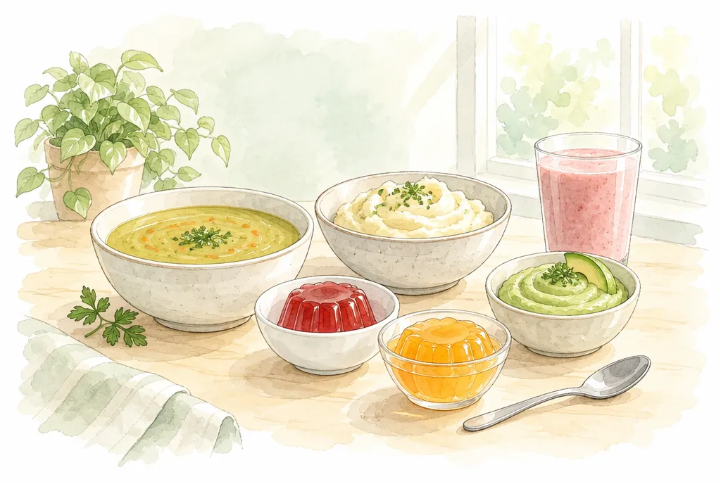Sopa crema, puré, licuado y gelatina de textura suave
