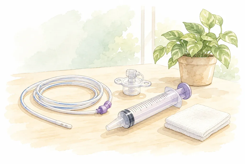 Sonda nasogástrica, botón de gastrostomía y jeringa enteral