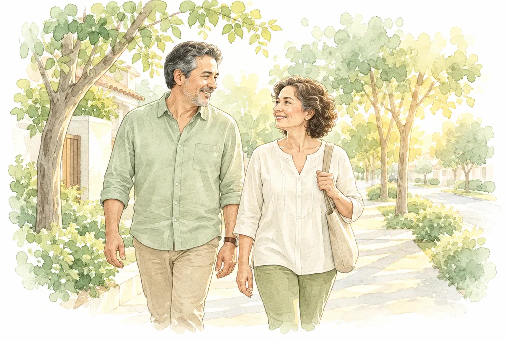 Pareja caminando después de cenar en su colonia