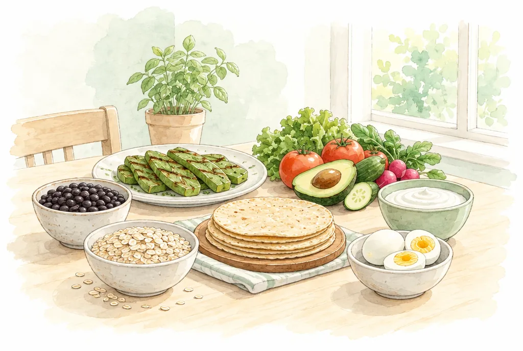 Nopales, frijol, avena, tortillas de maíz, huevo y verduras