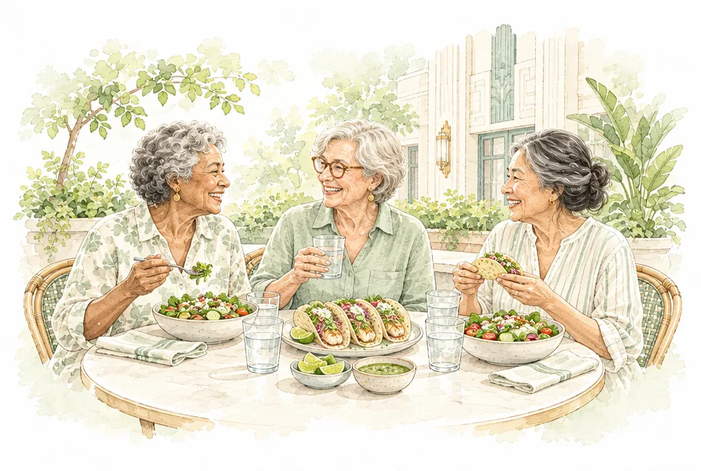 Amigos en una terraza de café con ensaladas y tacos de pescado