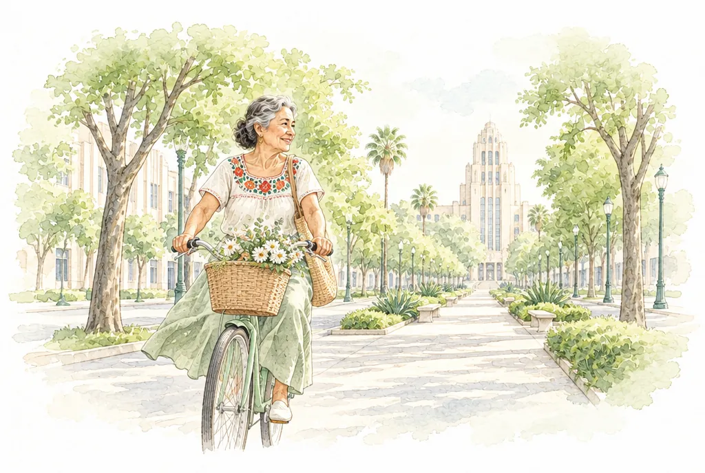 Mujer en bicicleta por una avenida arbolada con edificios art déco